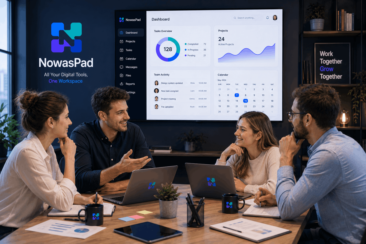 A team collaborating around the NowasPad workspace dashboard